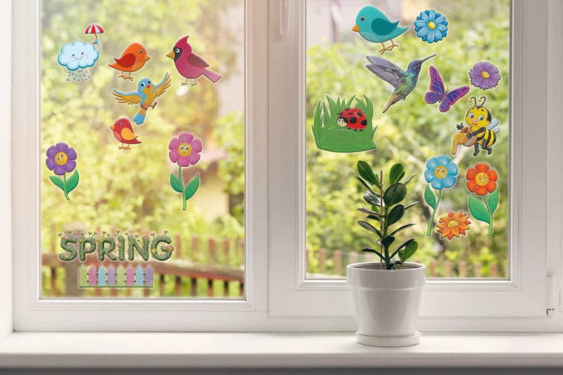 JesPlay Spring Window Clings for Kids - Flowers Birds and Bees Gel Clings for Toddlers - Reusable Window Stickers Decals for use at Home Cars Plane Airplane Classroom Activities (Jesplay USA) - Image 2